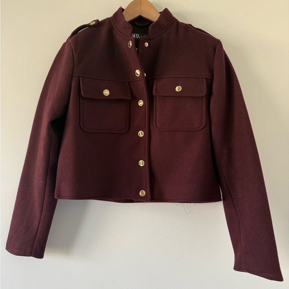 Zara NWOT Burgundy Military-Inspired Utility Women's Jacket with Gold Buttons - Picture 3 of 8